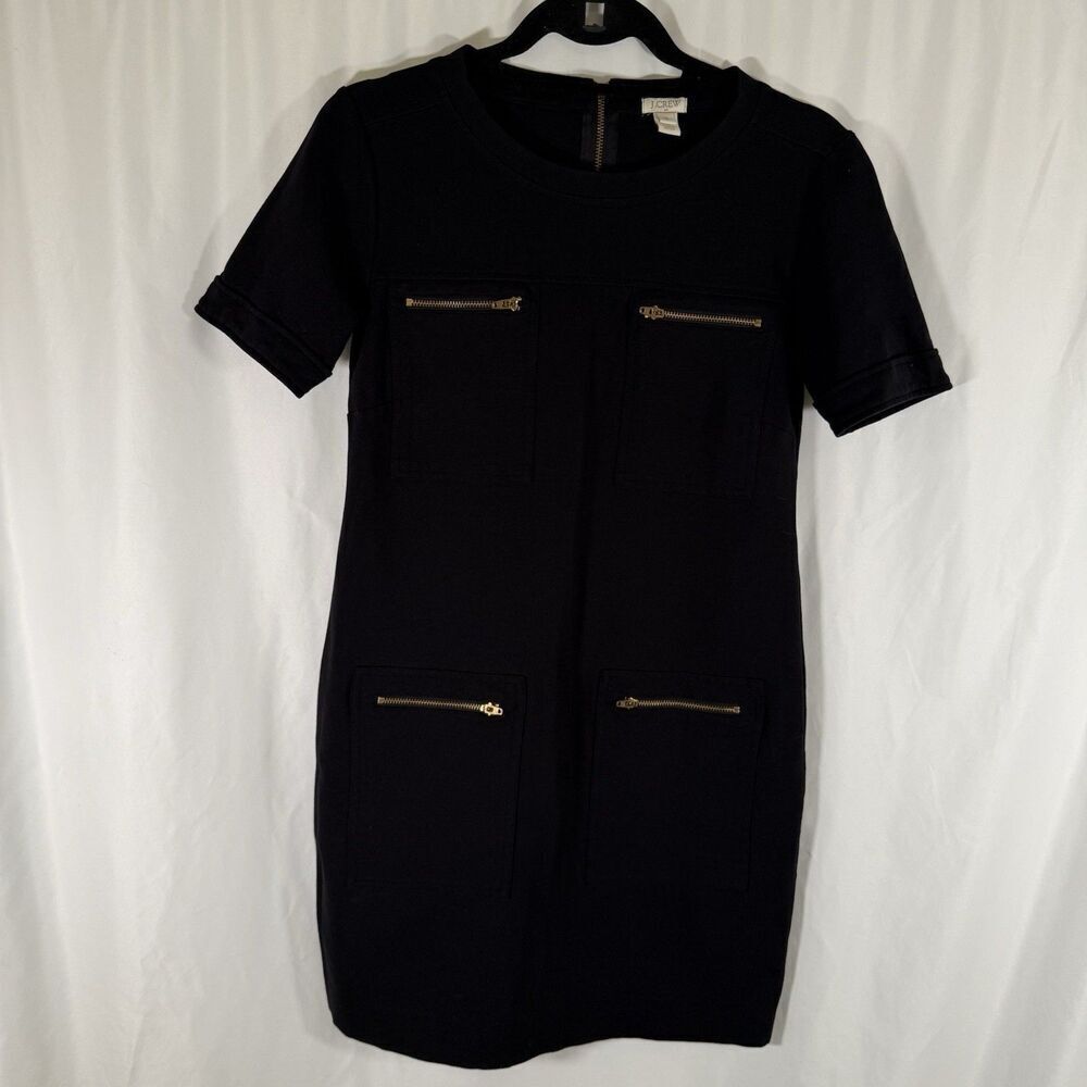 J. Crew Mini Dress Women's 2 Black Short Sleeve Pockets Crew Neck Zip Up